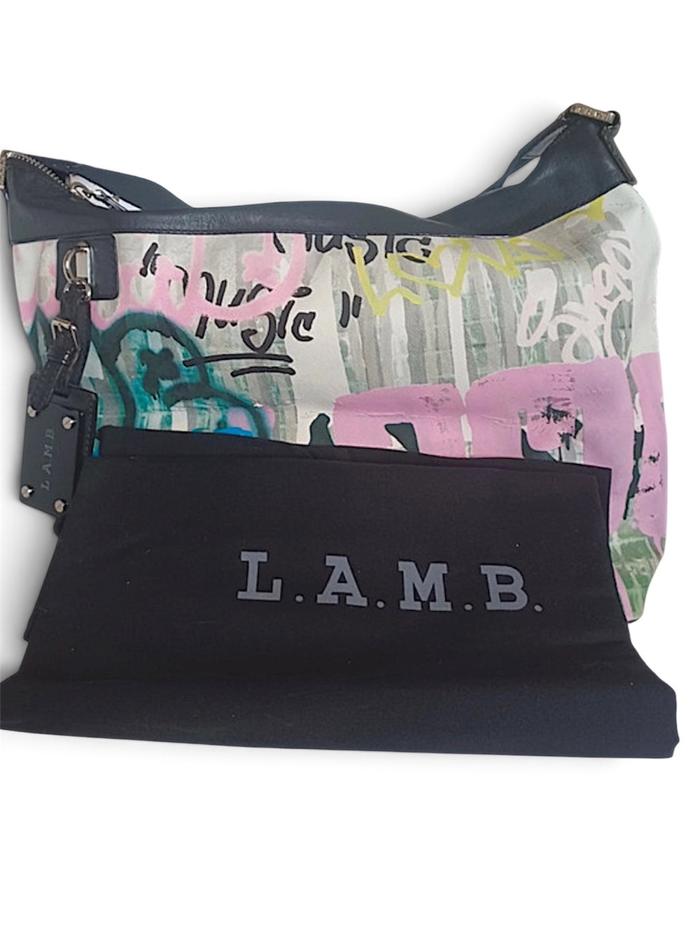 L.A.M.B. Graffiti-Print Shoulder Bag in Pink, Teal & Cream